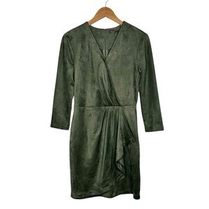 J. Mclaughlin Faux Suede Wrap Dress Size Small Olive Green Stretch Surplice Neck